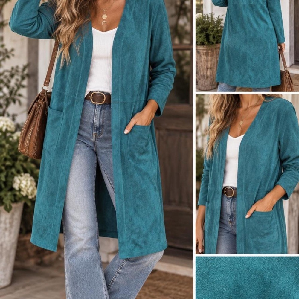 Solitaire Lagenlook Teal Faux Suede Duster Cardigan Boho Western Longline Jacket